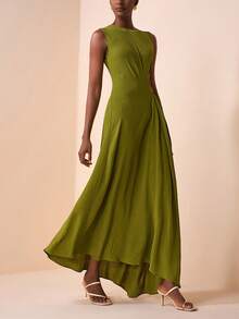 Zivah 2026春夏新品，适合情人节、音乐节、复活节、西部风、游牧风、波西米亚风、纳什维尔风、派对、婚礼、晚宴、约会、聚会、生日、学院风、学生装、日常休闲、百搭基础款、休闲度假、邮轮旅行、海滩、日光浴、爆款、优雅、通勤、商务休闲等场合。无袖圆领，腰部扭结褶皱设计，不对称下摆，修身A字长裙，绿色长裙，春夏长裙，派对长裙，性感长裙，女士长裙 - 綠色 - 查看 4