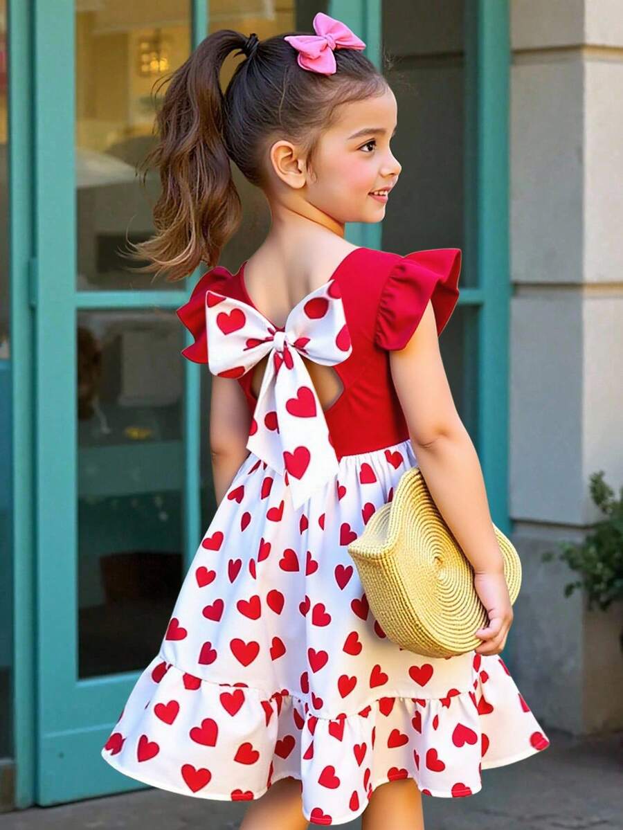 心形图案蝴蝶结后背短袖女童连衣裙 - 彩色 - 查看 1