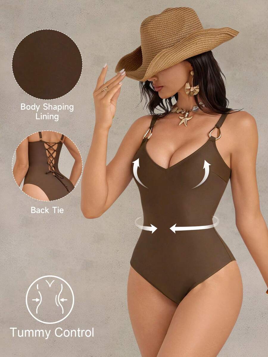 Shapewave 1pc Brown Metal Buckle One-Piece Tummy Control Pushup Backless Slimming Swimsuit For Women - Brown - View 1