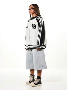 SUMWON WOMEN Oversized Varsity Style Zip Through Knitted Cardigan With Number 79 Print And Star Details - White - View 5