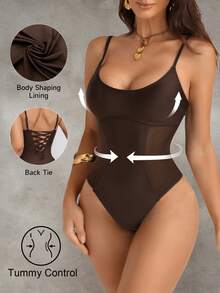 Shapewave Đồ bơi một mảnh lưới vá dây rút nâng bụng cho nữ, cổ tròn lưới màu đen - Cà phê nâu - Xem 3