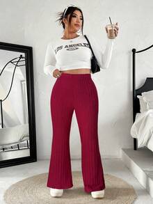 SHEIN EZwear Plus Size Women Solid Color Casual Versatile Flared Pants - Red - View 3