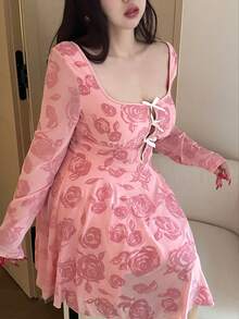 Vibekara Sheer Floral Flocked Long Sleeve Mesh See-Through Mini Dress, Sexy