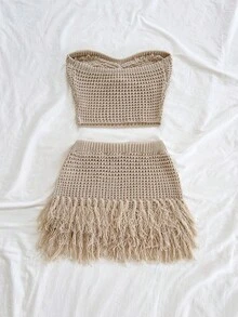 Soleia 女士度假两件套：针织纹理毛衣和流苏金属装饰迷你裙，适合派对、约会、海滩度假、夏季穿搭、假日、下午茶、婚礼季、邮轮旅行、城市之旅、波西米亚风度假、音乐节等场合。 - 卡其色 - 查看 2