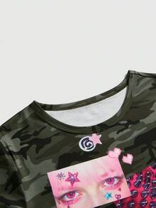 ROMWE J-Fashion Y2K Babe Abby Element迷彩印花紧身女式T恤 - 軍綠色 - 查看 3