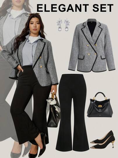 Zelara 大码女式翻领长袖外套和喇叭裤优雅套装，适合秋季、冬季、万圣节、圣诞节等各种场合，也可作为万圣节服装、休闲日常装、商务休闲装或教师装。