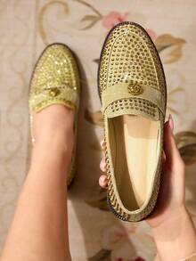 CUCCOO TILAWA Damen Strass-verzierte modische Lässig Slip-On Loafer - Gold - Übersicht 1