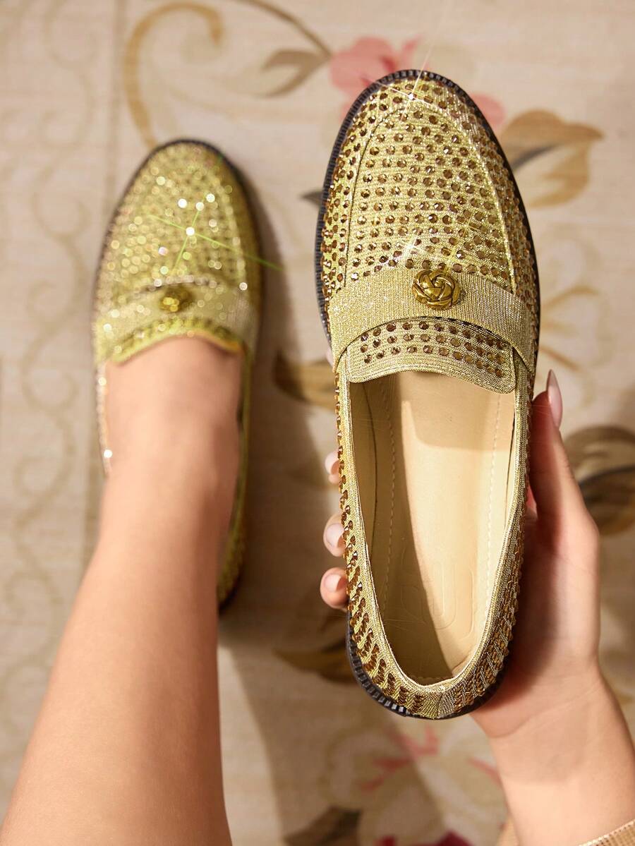CUCCOO TILAWA Damen Strass-verzierte modische Lässig Slip-On Loafer - Gold - Übersicht 1