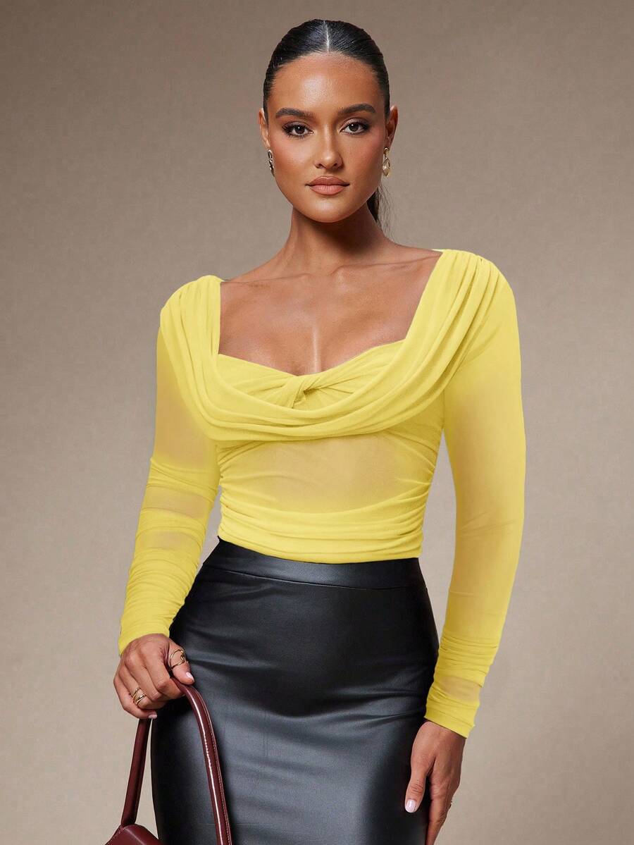 Silquee Women's Solid Color Twist Knot Design Long Sleeve Pleated Fashionable Blouse - Yellow - View 1