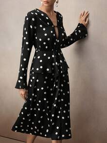 NOVVYNE Women's Polka Dot Print Patchwork Ruffle Trim Elegant V-Neck Vintage Waist Midi Dress