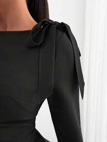 EURMUSE 女士，秋季，短款连衣裙，肩部系带，拉链，喇叭袖 - 黑色 - 查看 7