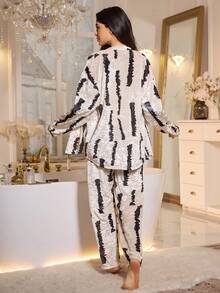 LuxeNights 3pcs Women's Comfortable & Fashionable Gold Velvet Pajama Set - Black and White - View 2