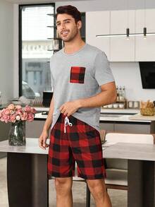 SHEIN Plaid Print Men's 2-Piece Pajama Set - Light Grey - View 7