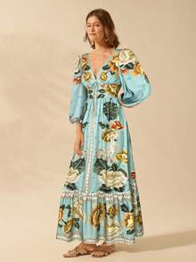 CAJUNI Women's Boho Tropical Floral V-Neck Long Sleeve Backless Waist A-Line Vacation Dress, Boho Dress Women - Multicolor - View 3