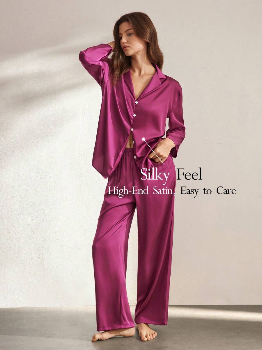 Ocili 丝滑缎面舒适宽松长袖上衣和裤子女士睡衣套装，冬季服装 - 紫色 - 查看 1