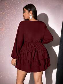 Viva Relle Plus Size Solid Color V-Neck Ruffle Hem Elegant Long Sleeve Dress,Valentine - Burgundy - View 2