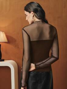 Anewsta 女士新款立领网纱拼接优雅时尚约会外出工作百搭长袖T恤 - 咖啡棕 - 查看 7