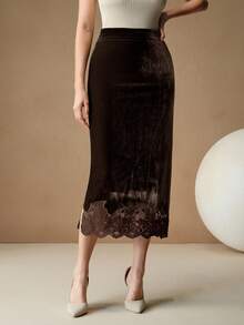 Anewsta Váy ôm sát gợi cảm thời trang thu đông chất lượng cao cỡ tiêu chuẩn cho nữ viền ren thêu - Cà phê nâu - Xem 6