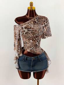 Amplova Women's Fashionable Sexy Animal Print Asymmetric T-Shirt One Shoulder Blouse Sexy Tops For Women Summer Snake Print Top Vacation Outfits Women Y2K Valentine's Day Leopard Print Top Cheetah Print Top See Through Tops Animal Print Top - Multicolor - View 5