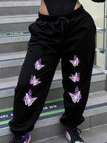 Maweii Plus Size Women Butterfly Print Drawstring Waist Casual Pants Fall Cloth For Women - Black - View 1