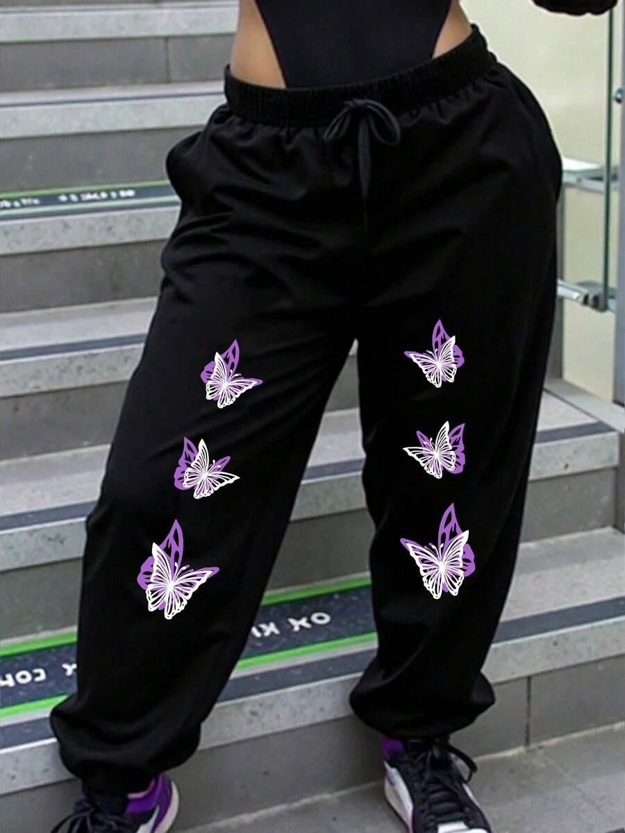 Maweii Plus Size Women Butterfly Print Drawstring Waist Casual Pants Fall Cloth For Women - Black - View 1