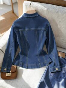 GlowEve 女士休闲水洗牛仔夹克，带腰部收紧设计 - 藍色 - 查看 2