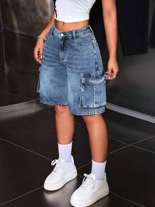 SHEIN PETITE 女士休闲水洗牛仔工装短裤 - 藍色 - 查看 4