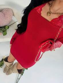 TRNVIE Spring Knitted Ribbed Red Lace Spaghetti Strap Off Shoulder Elegant Backless Stretchy Bodycon Party New Year Valentine's Day Sexy Cocktail Wedding Mini Dress - Burgundy - View 3