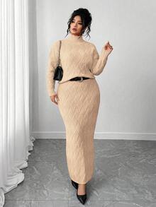 Elenzga 大码毛衣和紧身半裙两件套，休闲宽松圆领套头衫曲线半裙两件套连衣裙套装，端庄两件套，优雅曲线两件套。 - 卡其色 - 查看 4