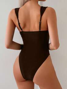 Swim Chiccia Women's Sexy Hollow-Out Solid Color One-Piece Swimsuit, Summer - Coffee Brown - View 2