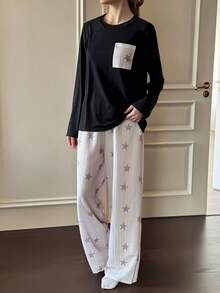 Dream Adore 条纹星形印花宽松睡衣套装，带口袋，柔软磨毛针织长袖上衣和裤子 - 彩色 - 查看 6