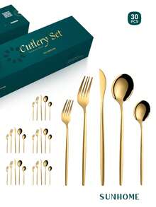 Cirelle Bộ dao dĩa mạ vàng 30 món - Dành cho 6 người, Bộ dao dĩa cao cấp bằng thép không gỉ, Thích hợp cho đám cưới và các dịp lễ kỷ niệm, Quà tặng tân gia lý tưởng - Nhiều màu - Xem 7
