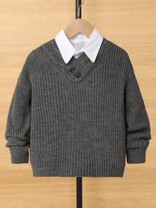 1 件年轻男孩休闲舒适时尚百搭柔软厚实提花针织灰色毛衣，适合日常穿着、上学、外出、运动、秋冬