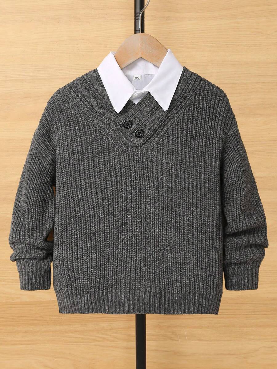 1 件年轻男孩休闲舒适时尚百搭柔软厚实提花针织灰色毛衣，适合日常穿着、上学、外出、运动、秋冬