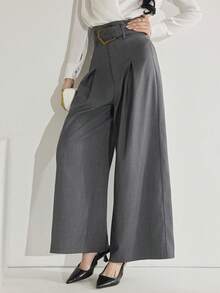 Heiryn 女士金属扣休闲阔腿裤 - 灰色 - 查看 4