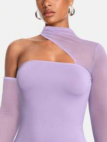 SHEIN BAE Black Mesh Patchwork Asymmetric Bandeau Bodysuits Women Jumpsuits & Rompers, Concert Outfits, Festival Tops - Mauve Purple - View 6