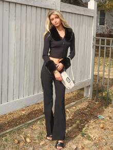 Sydney Algeri Borg Collar Fuzzy Cuff Tight Cut Black Long Sleeves Cardigan,Long Sleeve Tops In Fall/Winter - Black - View 6