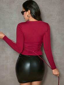 Nuvra 女士长袖双层塑身收腹上衣，带衬里，收腰塑身衣 - 酒紅色 - 查看 6
