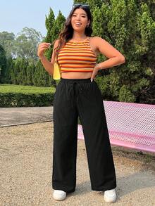 Comfortcana Plus Size Women Simple Solid Color Wide Leg Summer Pants - Black - View 14