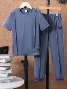 SHEIN Mirajuku 男童休闲印花短袖T恤和长裤两件套 - 藏蓝色 - 查看 5