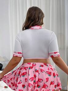 Valentine's Day Plus Size Sexy Strawberry Sweetheart Costume Cute Milk Silk Top + Thong + Mini Skirt 3-Piece Set - Multicolor - View 2