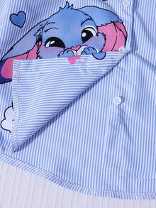 SHEIN 女童卡通人物字母印花长袖立领衬衫，适合外出、上学和通勤。 - 藍色 - 查看 3