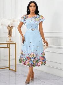 SHEIN Lady 春夏休闲圆领喇叭袖荷叶边中长短袖连衣裙度假装女装沙滩装女装度假装女装沙滩度假装沙滩婚礼宾客连衣裙吊带裙褶皱白色粉色花卉女装春季邮轮服装女装长裙生日及活动连衣裙/办公室连衣裙/教堂连衣裙/婚纱/节日连衣裙/波西米亚风女装； - 藍色 - 查看 7