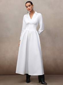 NOVVYNE White Shirt-Style Waist Cinched Dress, Flared Skirt, Elegant Office Wear, Slimming, Niche High-End Feel