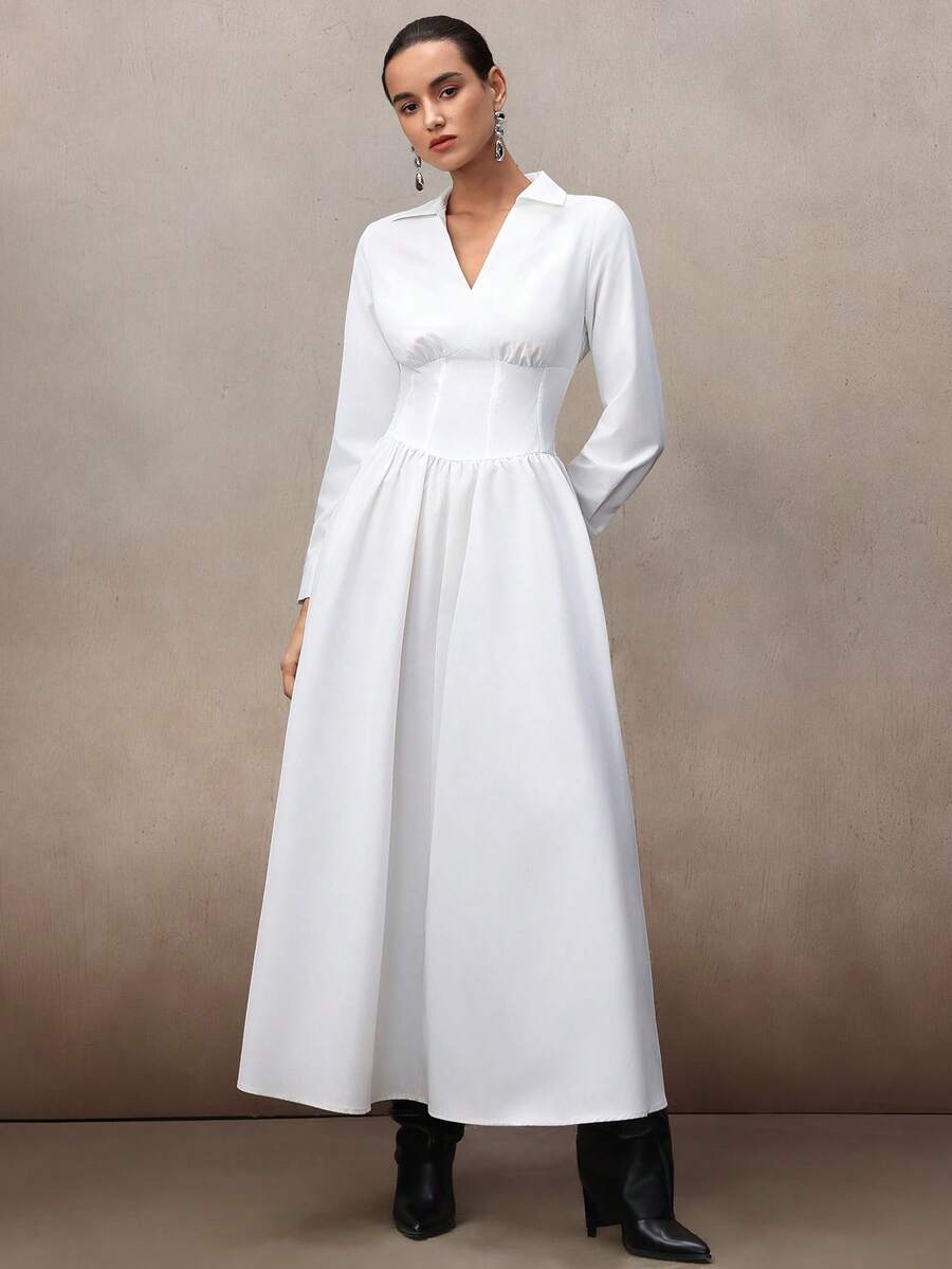 NOVVYNE White Shirt-Style Waist Cinched Dress, Flared Skirt, Elegant Office Wear, Slimming, Niche High-End Feel