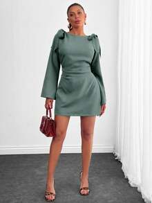 EURMUSE Women, Autumn, Short Dress, Tie Shoulder, Zipper, Flare Sleeve, - Mint Green - View 6