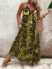 Breezaya Plus Size Women's Vintage Bohemian Style Yellow & Black Abstract Print V-Neck Maxi Dress, Loose Fit Beach & Casual Wear Summer New Arrival Casual Maxi Dress Maxi Dress Women Yellow Sundress Women Yellow Maxi Dress Maxi Vacation Dress - Multicolor - View 1