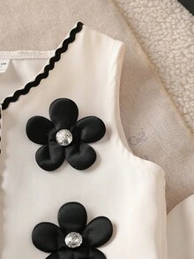 2件套少女时尚黑色3D立体花卉装饰珍珠纽扣吊带背心和阔腿裤套装，适合日常、通勤、休闲、夏季穿着。 - 杏色 - 查看 5