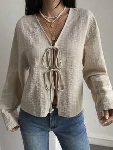 Livesso Women's Loose Casual Vacation Style Fashion Street Tie-Up Long Sleeve Shirt, Suitable For Autumn & Spring - Apricot - View 4