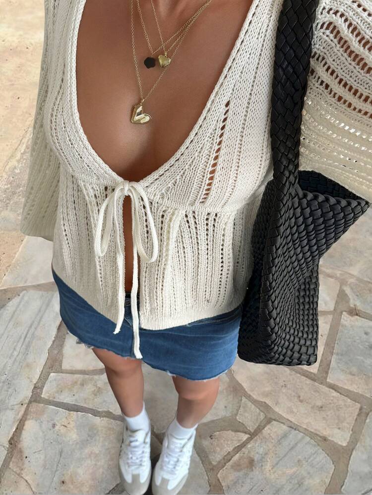 Livesso קרדיגן סריג טלאים עם שרוכים מותניים צמודים ושרוולים מתרחבים לנשים, מתאים לחופשות אביב, קיץ וסתיו - בז' - ראה 2